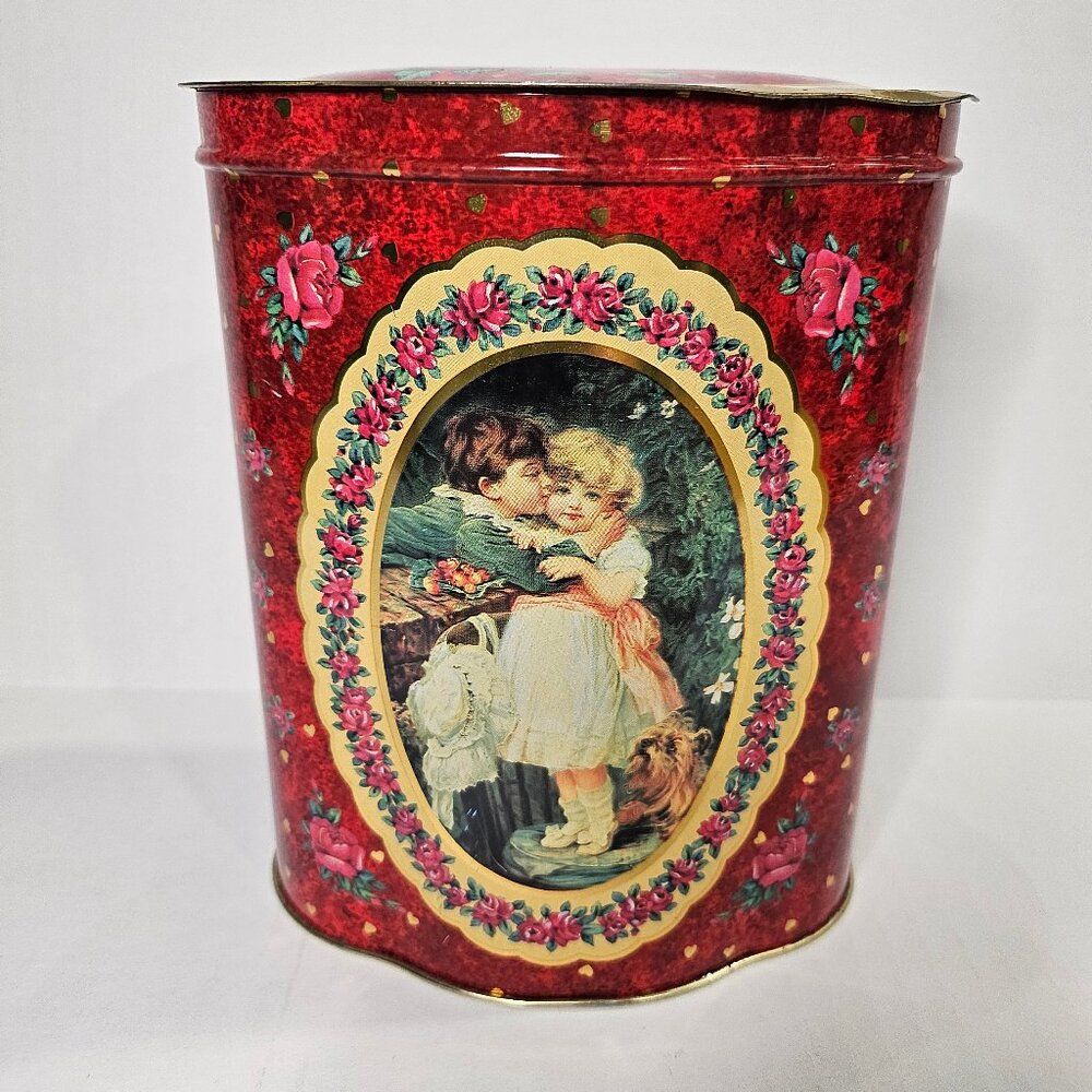 Vintage English Biscuit Tin Red/Gold Fancy Shape With Victorian Floral Children